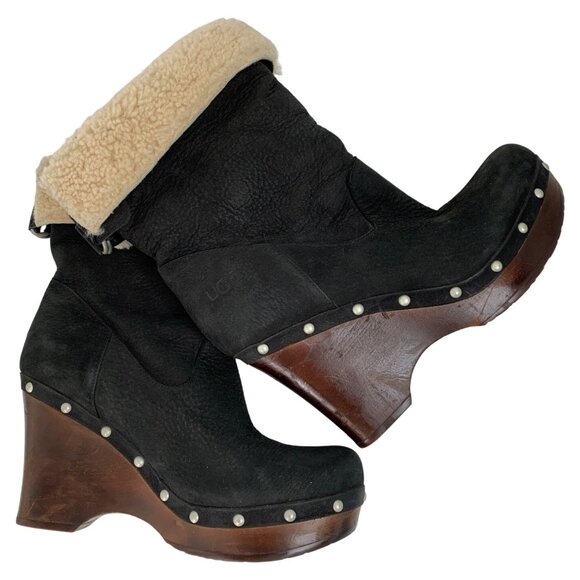 UGG Carnegie Black Suede & Shearling Lined Boots Size 9 1001317 Stud 6809 - Picture 2 of 14